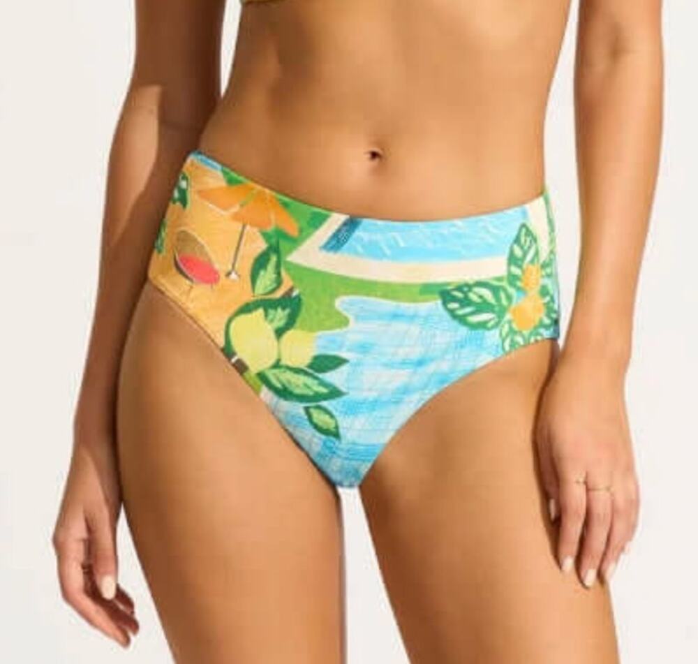 SEAFOLLY Womens Sunset Bikini Bottom Size 8 Turquoise Print High Waist Pant NWT